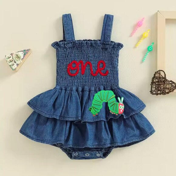 Denim Girl Dress First Birthday clothes The Very Hungry Caterpillar dress outfit